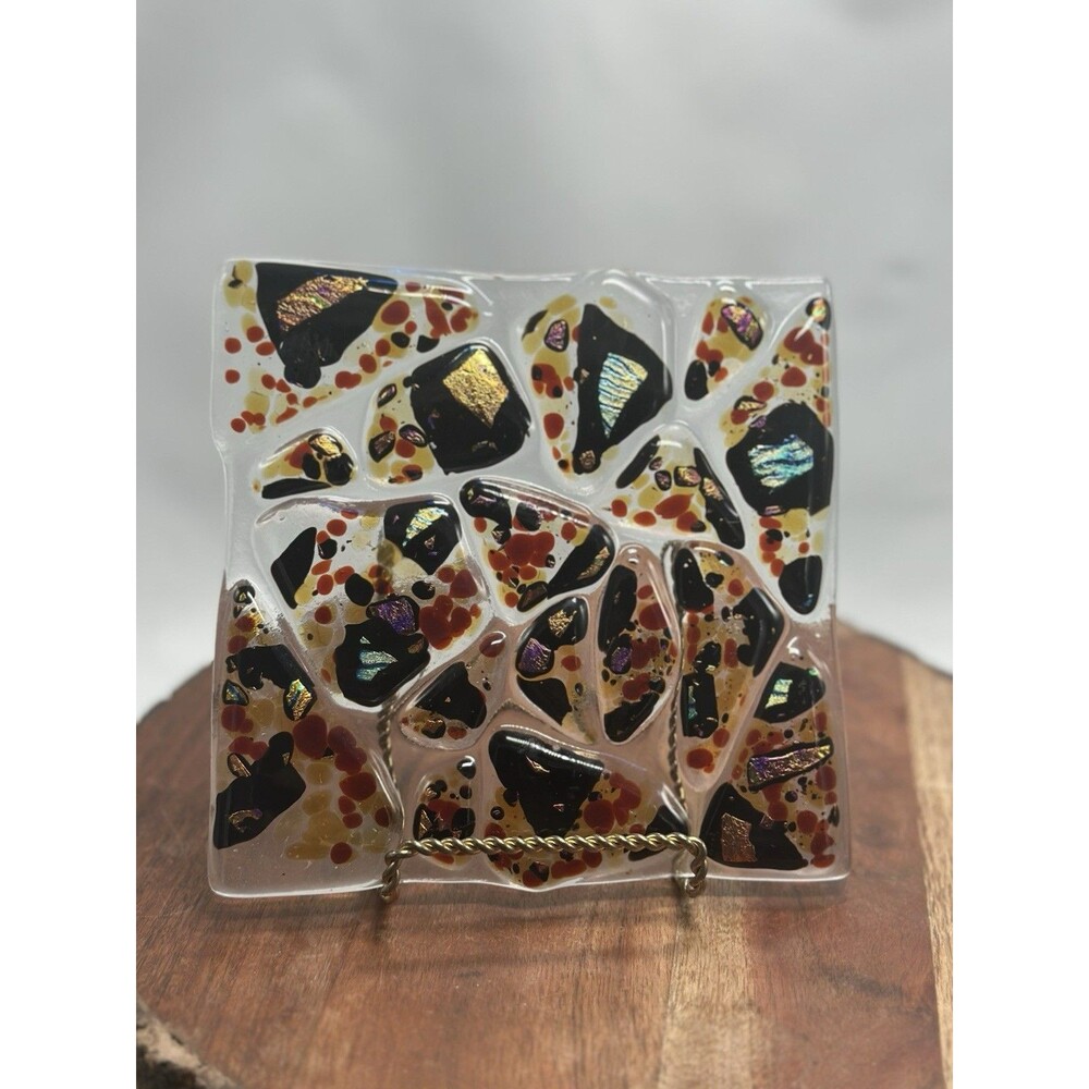 Mosaic Fused Art Glass Fun Decorative Multicolors Dichroic Square Tile Plate